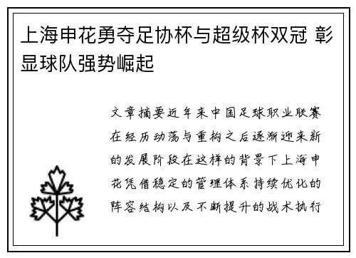 上海申花勇夺足协杯与超级杯双冠 彰显球队强势崛起 上海申花勇夺足协杯与超级杯双冠 彰显球队强势崛起